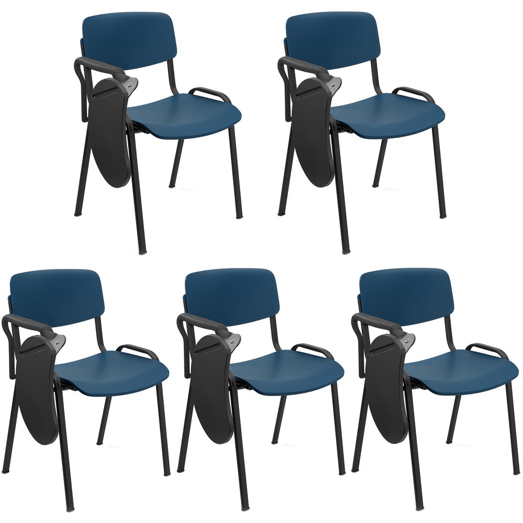 Lot de 5 Chaises Visiteur MILKA AVEC TABLETTE, Élégantes et Polyvalentes, Empilables, Piètement Noir, Bleu