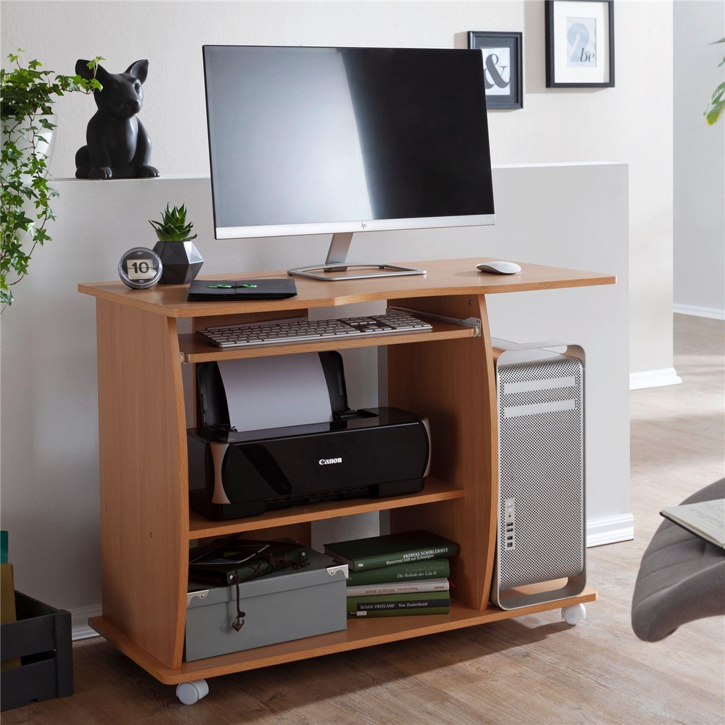 Bureau Informatique DUKE en bois, avec roulettes et support clavier coulissant, dimensions 90x50cm, Hêtre