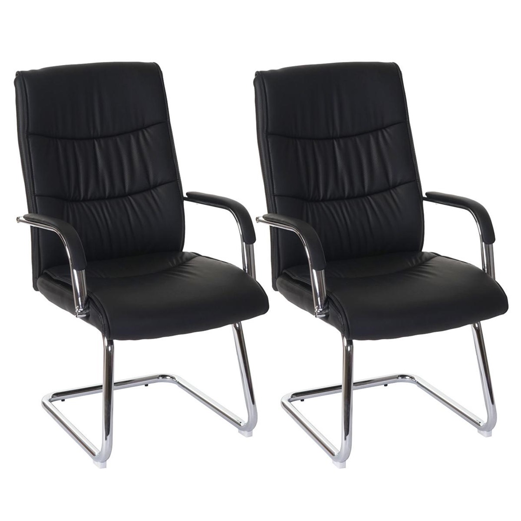 Lot de 2 Chaises de réunion CAROL, structure métallique résistante, grand rembourrage, accoudoirs, Cuir, Noir