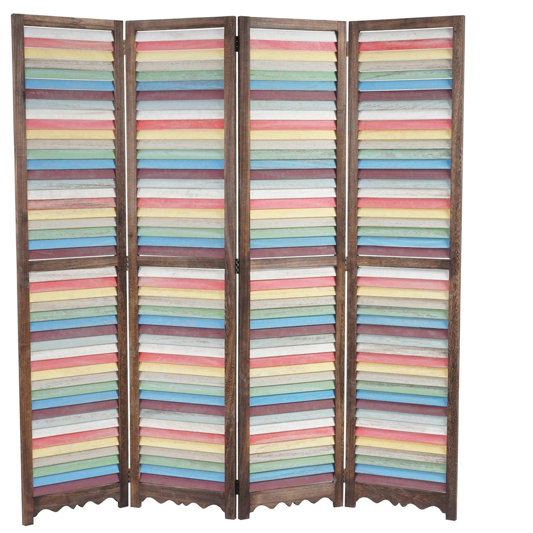 Paravent 4 panneaux GERD, 170x160x2cm, Structure en Bois, Marron et Multicolore