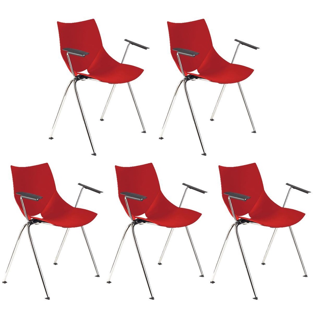 Lot de 5 Chaises de réunion AMIR AVEC ACCOUDOIRS, Commodes et Pratiques, Empilables, Rouge