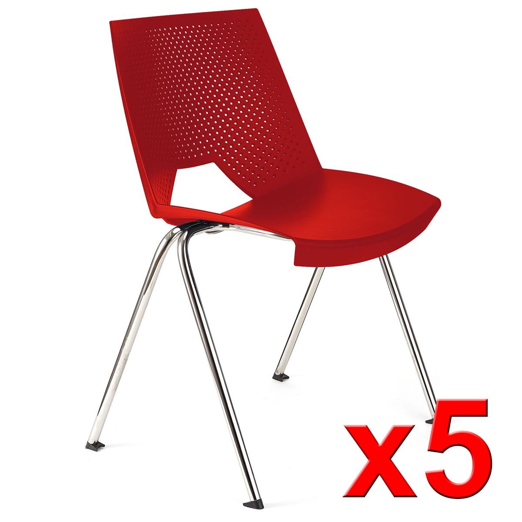 Lot de 5 Chaises visiteur ENZO, Commodes et Pratiques, Empilables, Rouge