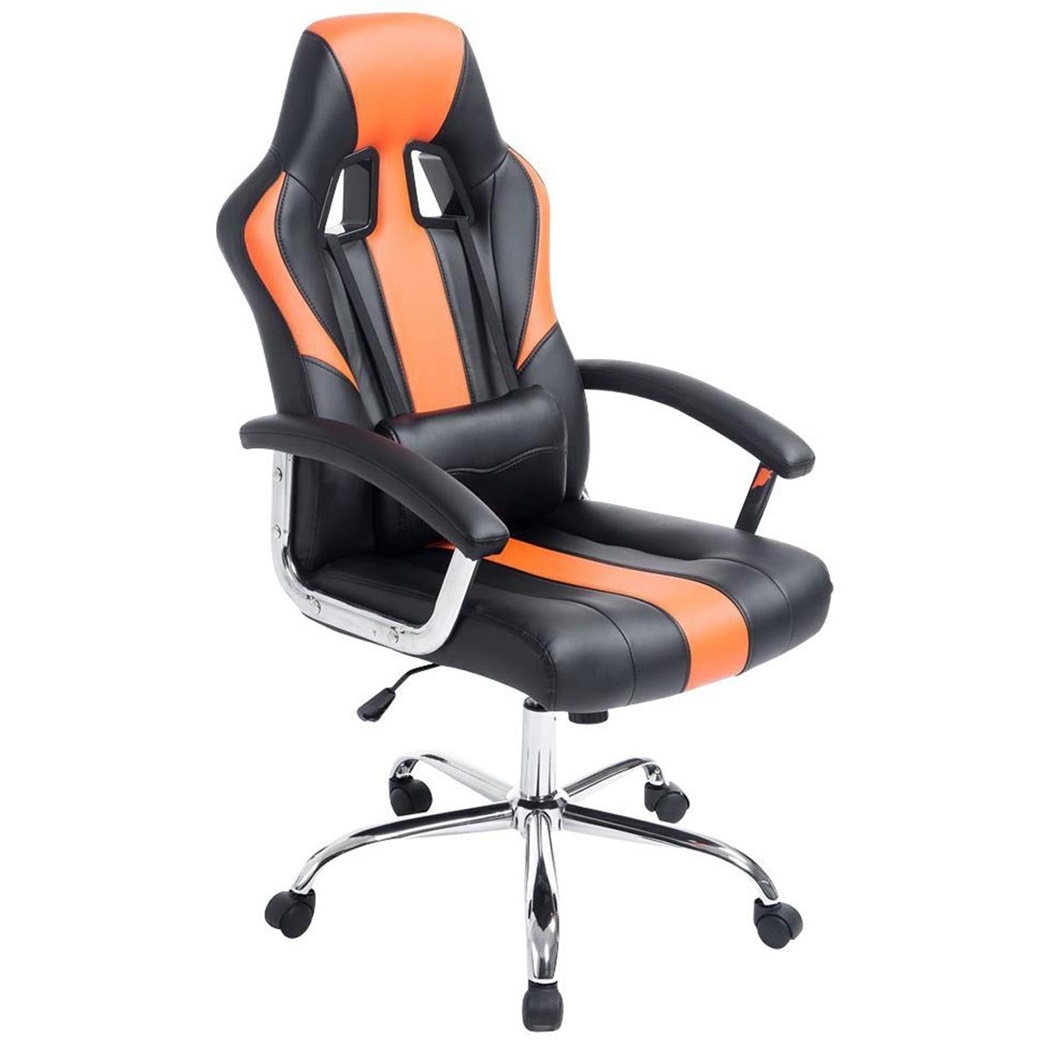 Fauteuil Gamer INDE, Design sportif, Grand Confort, Piétement Métallique, Cuir, Noir et Orange