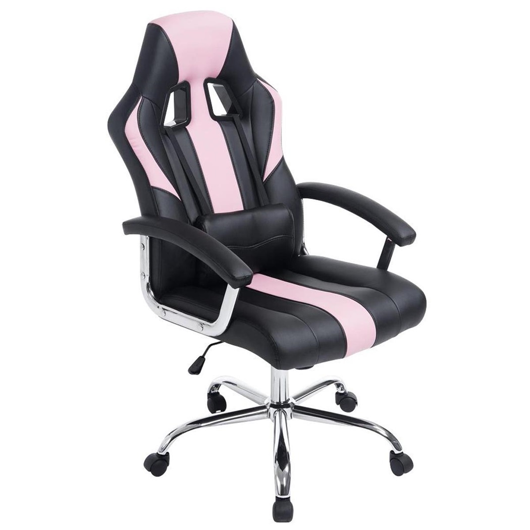 Fauteuil Gamer INDE, Design sportif, Grand Confort, Piétement Métallique, Cuir, Noir et Rose