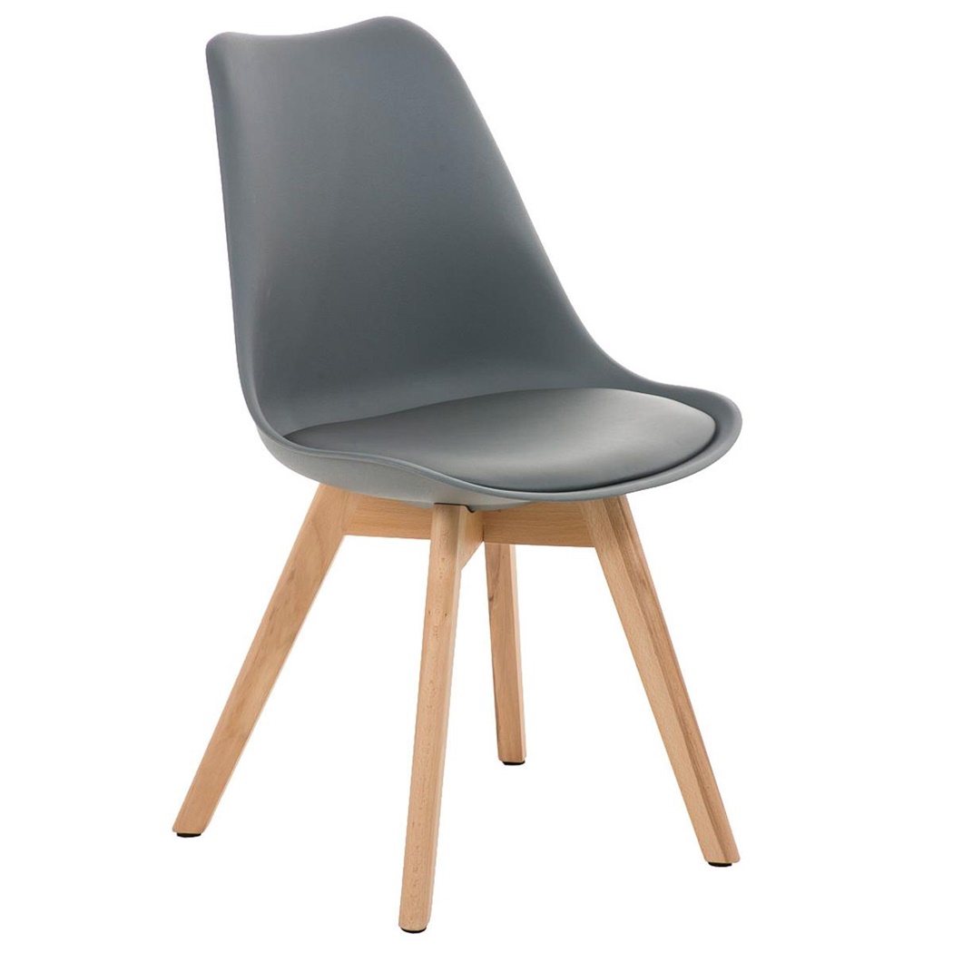 Chaise Design / Visiteur BOSPHORE, Piétement en Bois Couleur Claire, Structure en Plastique, Cuir, Gris