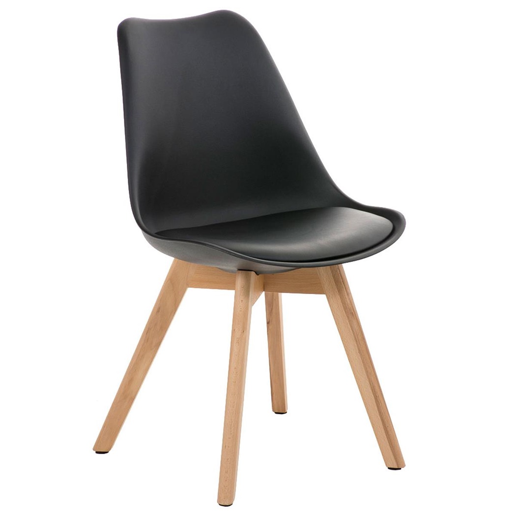 Chaise Design / Visiteur BOSPHORE, Piétement en Bois Couleur Claire, Structure en Plastique, Cuir, Noir