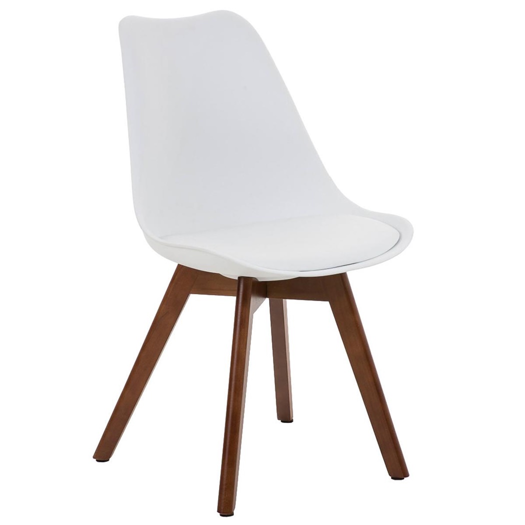 Chaise Design / Visiteur BOSPHORE, Piétement en Bois Couleur Noyer, Structure en Plastique, Cuir, Blanc