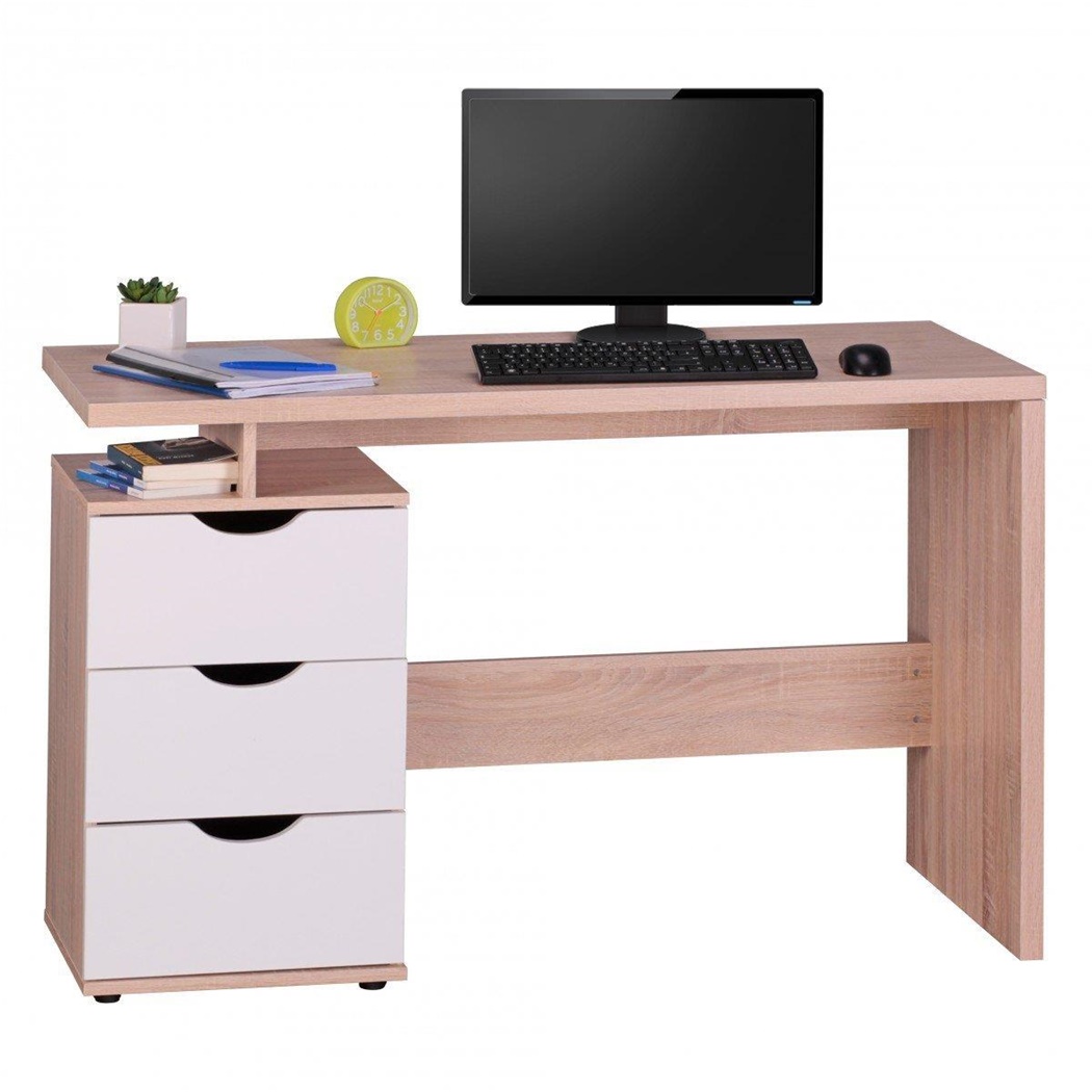 Bureau informatique NATALI, en Bois, 120 x 53 x 76 cm, Blanc/Chêne