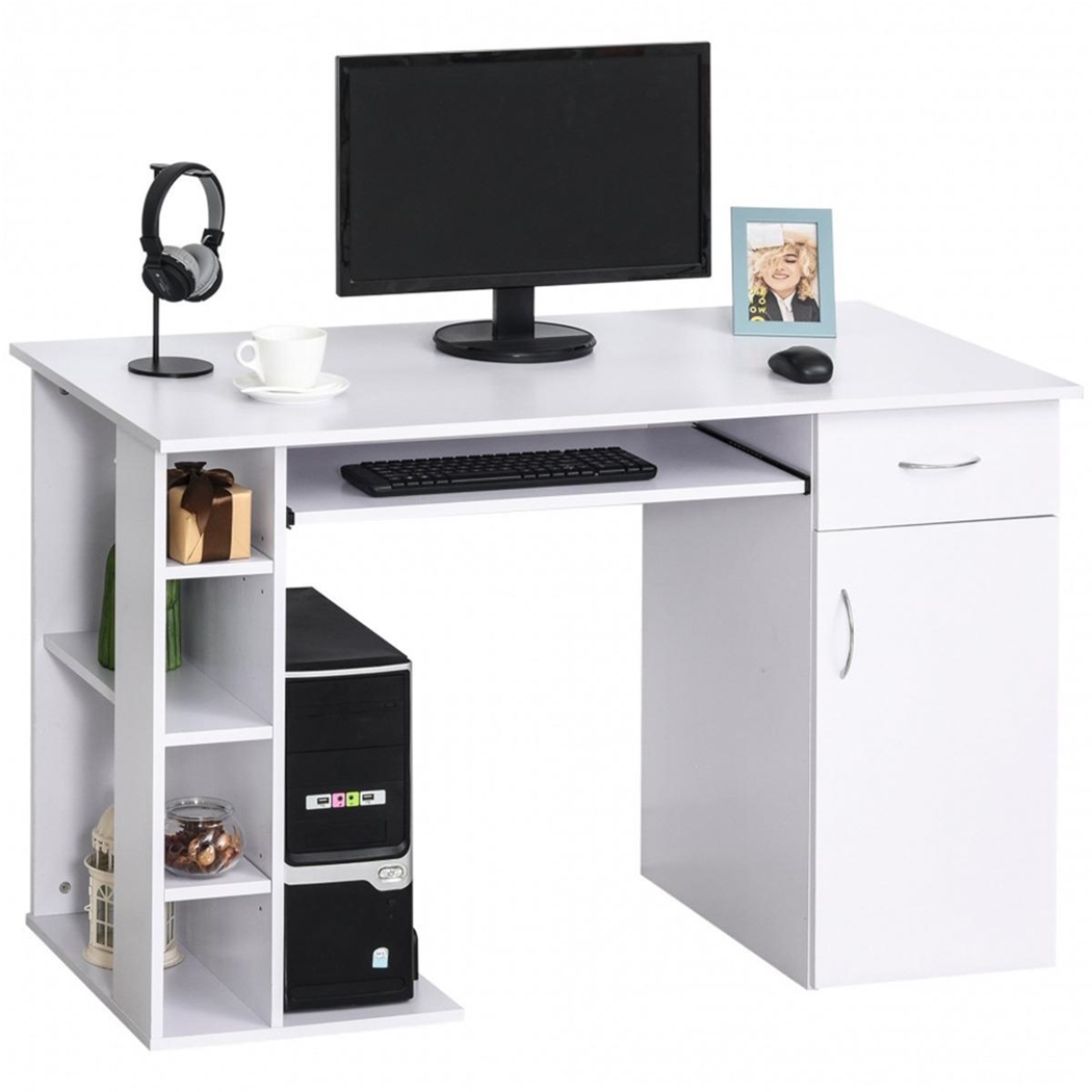 Bureau Informatique DINEA, Divers Espaces de Rangement, Dimensions 120x60x74 cm, en Bois, Blanc