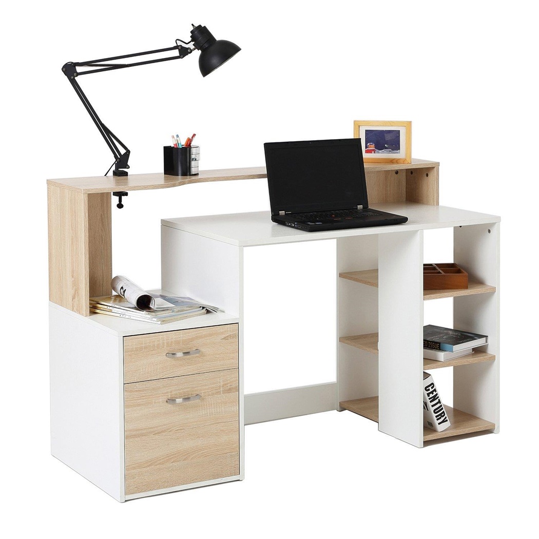 Bureau BOTTINE, avec Tiroirs et Étagères, 140x55x92cm, en Bois, Blanc et Chêne