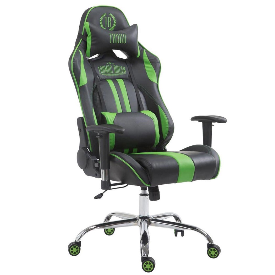 Fauteuil de bureau Gamer LOGAN, Dossier Inclinable, Coussins Inclus, Piétement en Métal, Noir/Vert