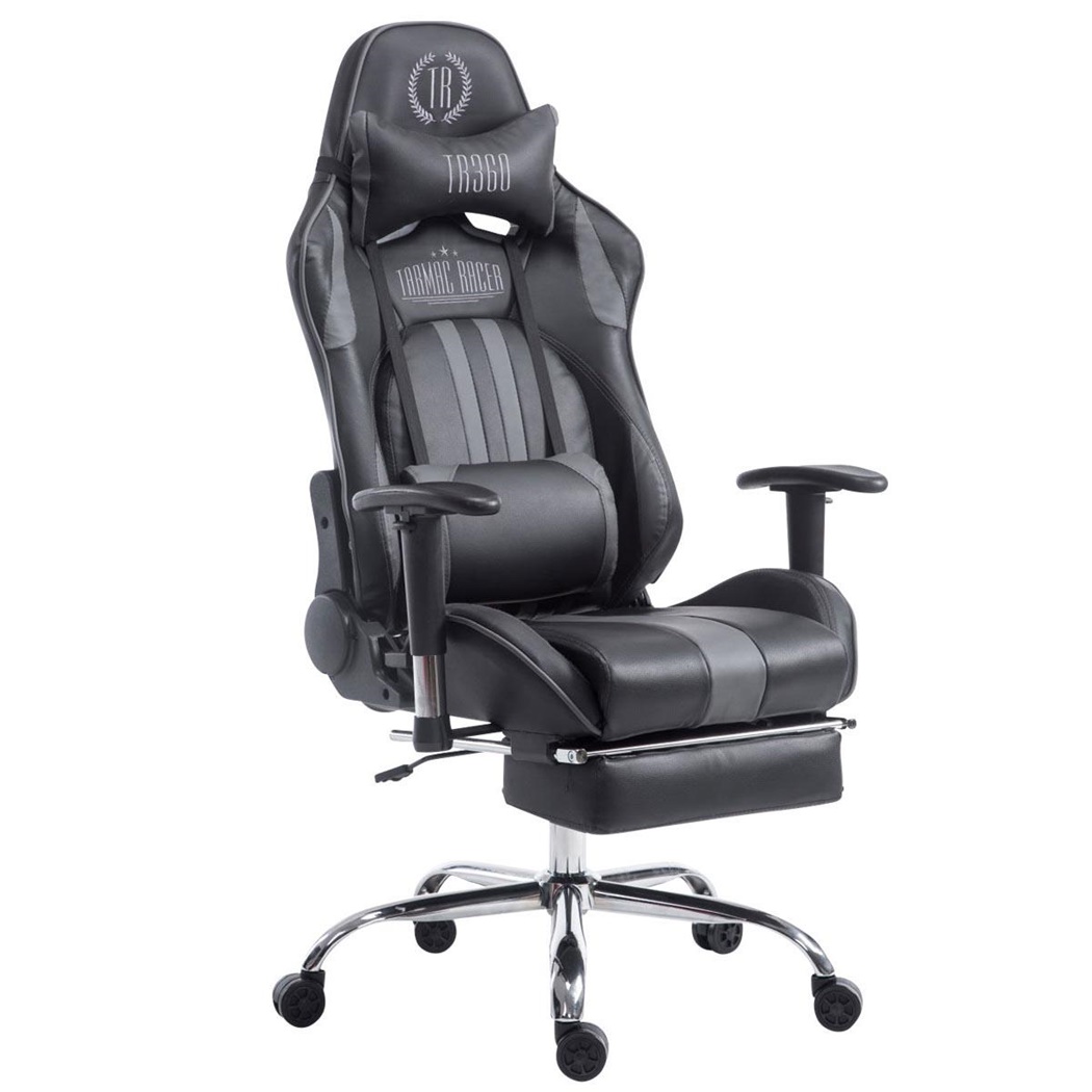 Fauteuil de bureau Gamer LOGAN avec Repose-pieds, Dossier Inclinable, Coussins Inclus, Piétement en Métal, Noir/Gris