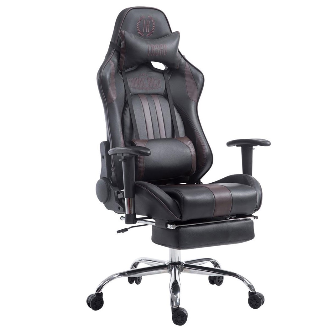 Fauteuil de bureau Gamer LOGAN avec Repose-pieds, Dossier Inclinable, Coussins Inclus, Piétement en Métal, Noir/Marron