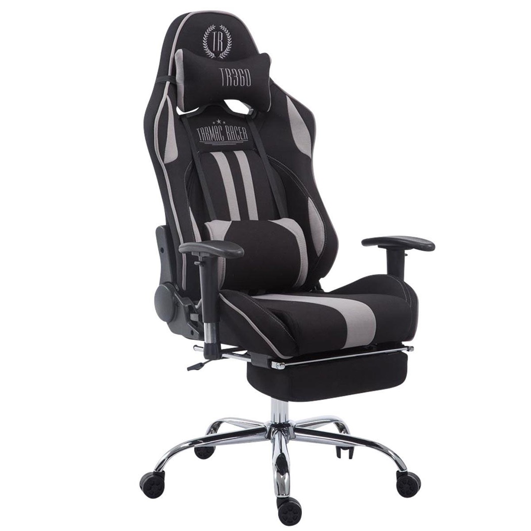 Fauteuil de bureau Gamer LOGAN TISSU avec Repose-pieds, Dossier Inclinable, Coussins Inclus, Piétement en Métal, Noir/Gris