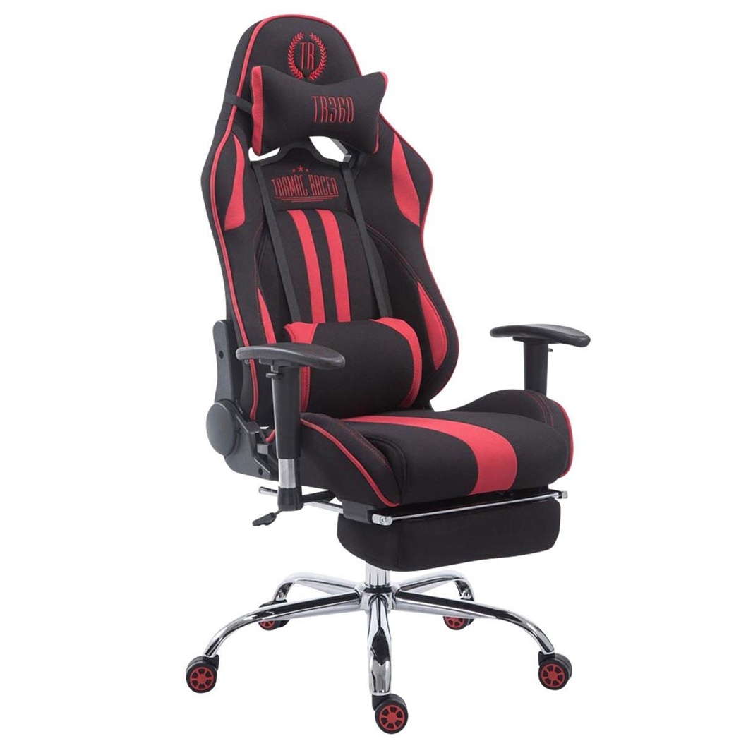 Fauteuil de bureau Gamer LOGAN TISSU avec Repose-pieds, Dossier Inclinable, Coussins Inclus, Piétement en Métal, Noir/Rouge