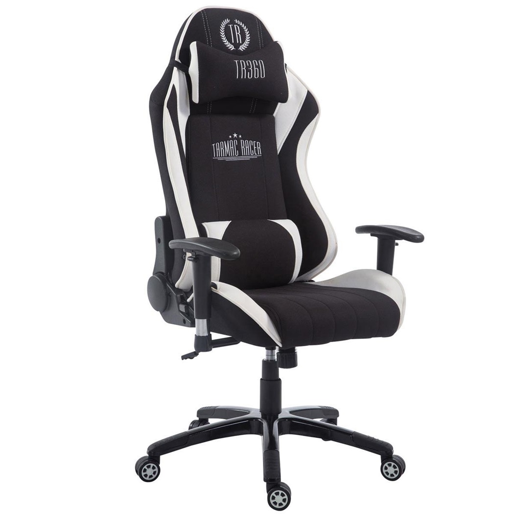 Fauteuil Gamer TURBO TISSU, Dossier Inclinable, Coussin lombaire et cervical, Noir/Blanc