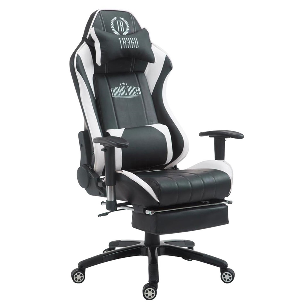 Fauteuil Gamer TURBO avec Repose-pieds, Dossier Inclinable, Coussin lombaire et cervical, Noir/Blanc