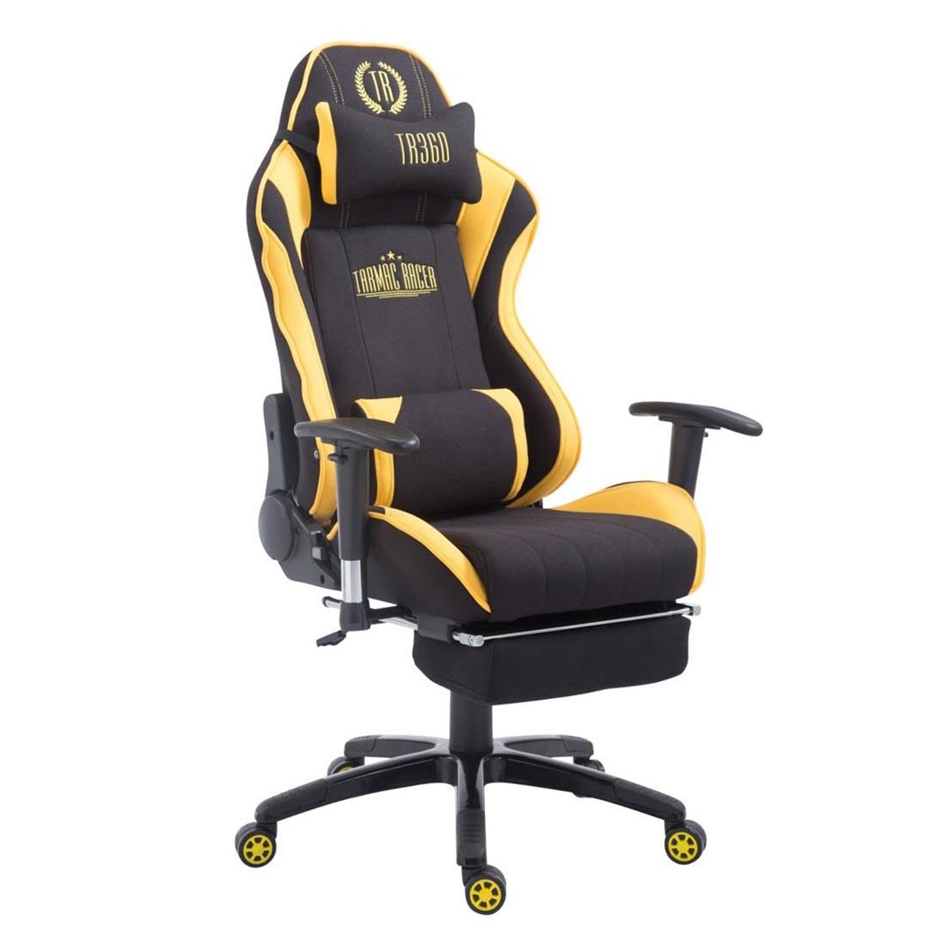 Fauteuil Gamer TURBO TISSU avec Repose-pieds, Dossier Inclinable, Coussin lombaire et cervical, Noir/jaune