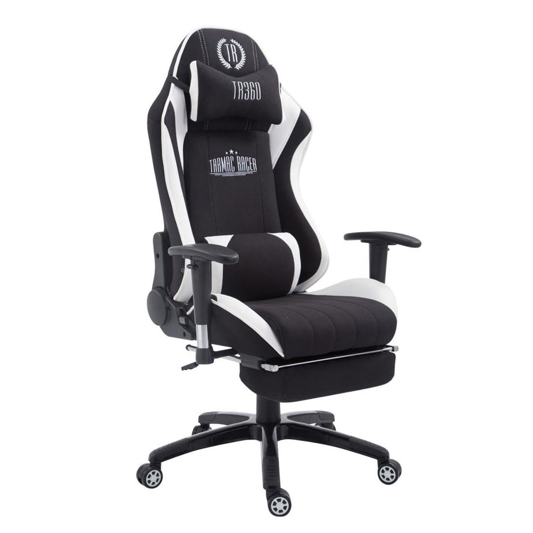 Fauteuil Gamer TURBO TISSU avec Repose-pieds, Dossier Inclinable, Coussin lombaire et cervical, Noir/Blanc