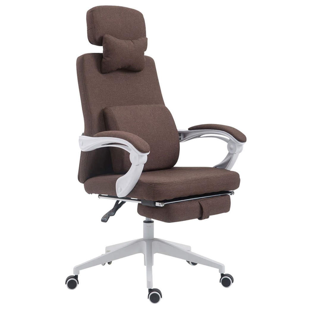 Fauteuil de bureau ADRIEN, Repose-pieds Extensible, Coussins Lombaire et Cervical, en Tissu. Marron