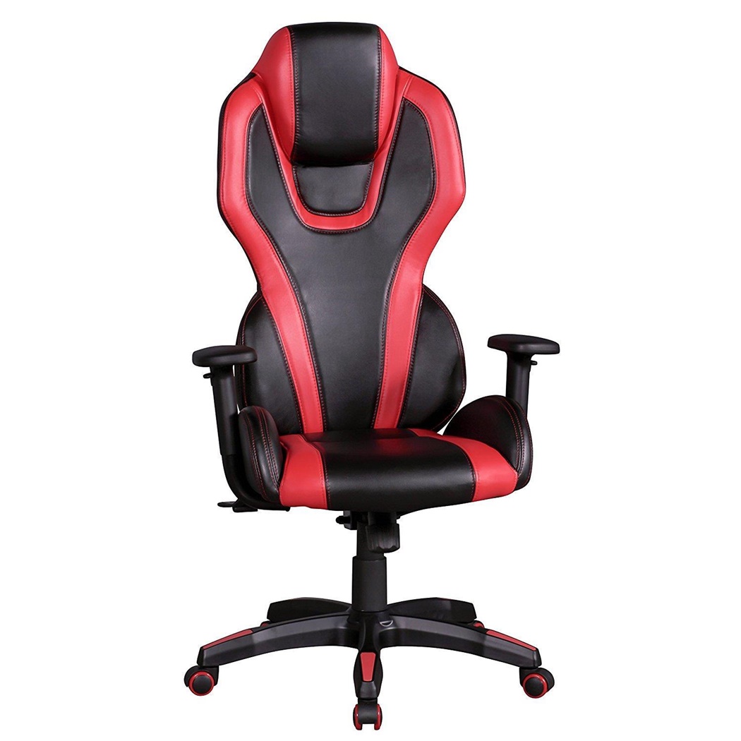 Chaise Gamer LANDAU, accoudoirs ajustables, Revêtement Cuir, Noir et Rouge