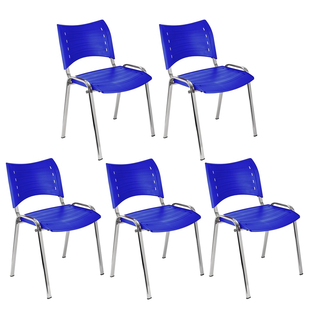 Lot de 5 Chaises visiteur ELVA, empilables et très pratiques, grande qualité, Bleu et Piétement Chromé