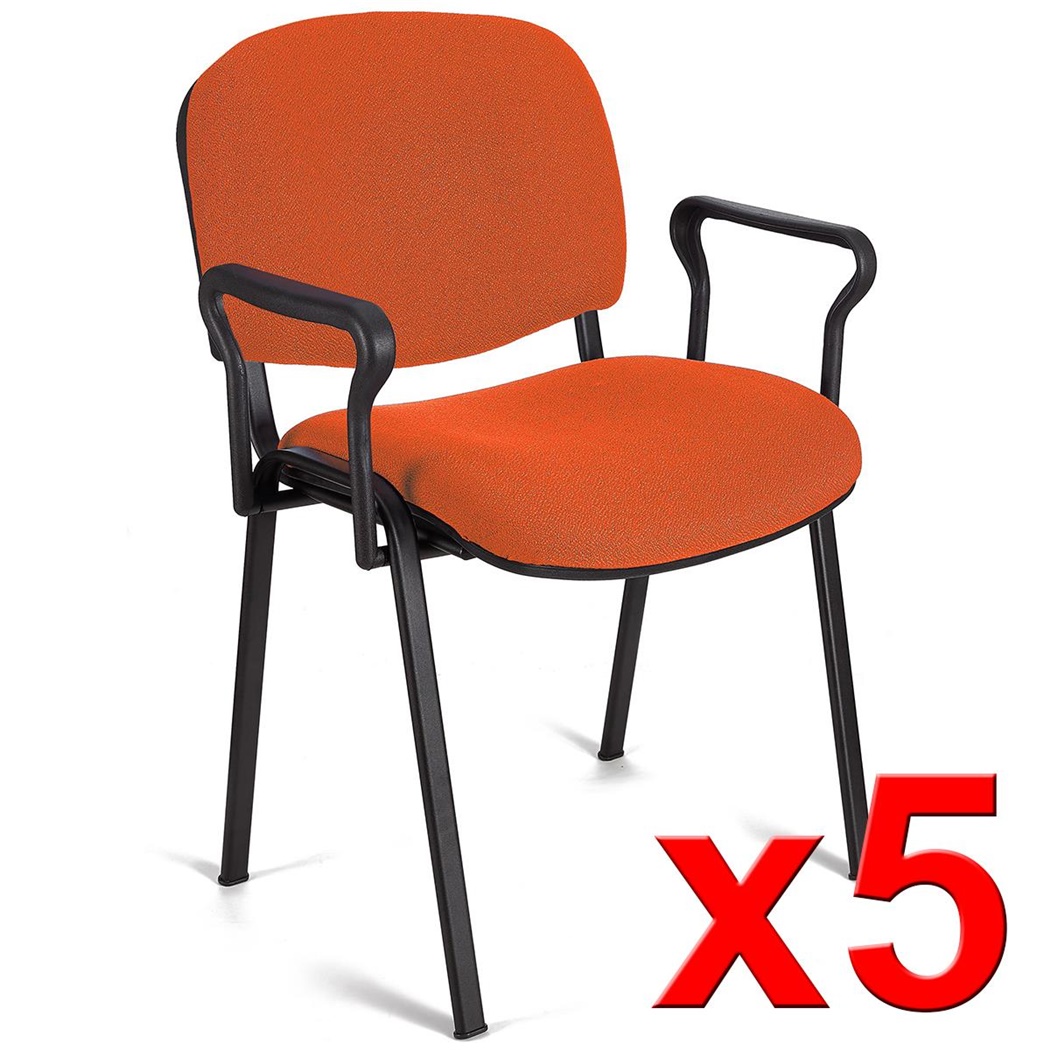 Lot de 5 Chaises visiteur MOBY BASE AVEC ACCOUDOIRS, Commode et Pratique, Piétement Noir et Tissu Orange