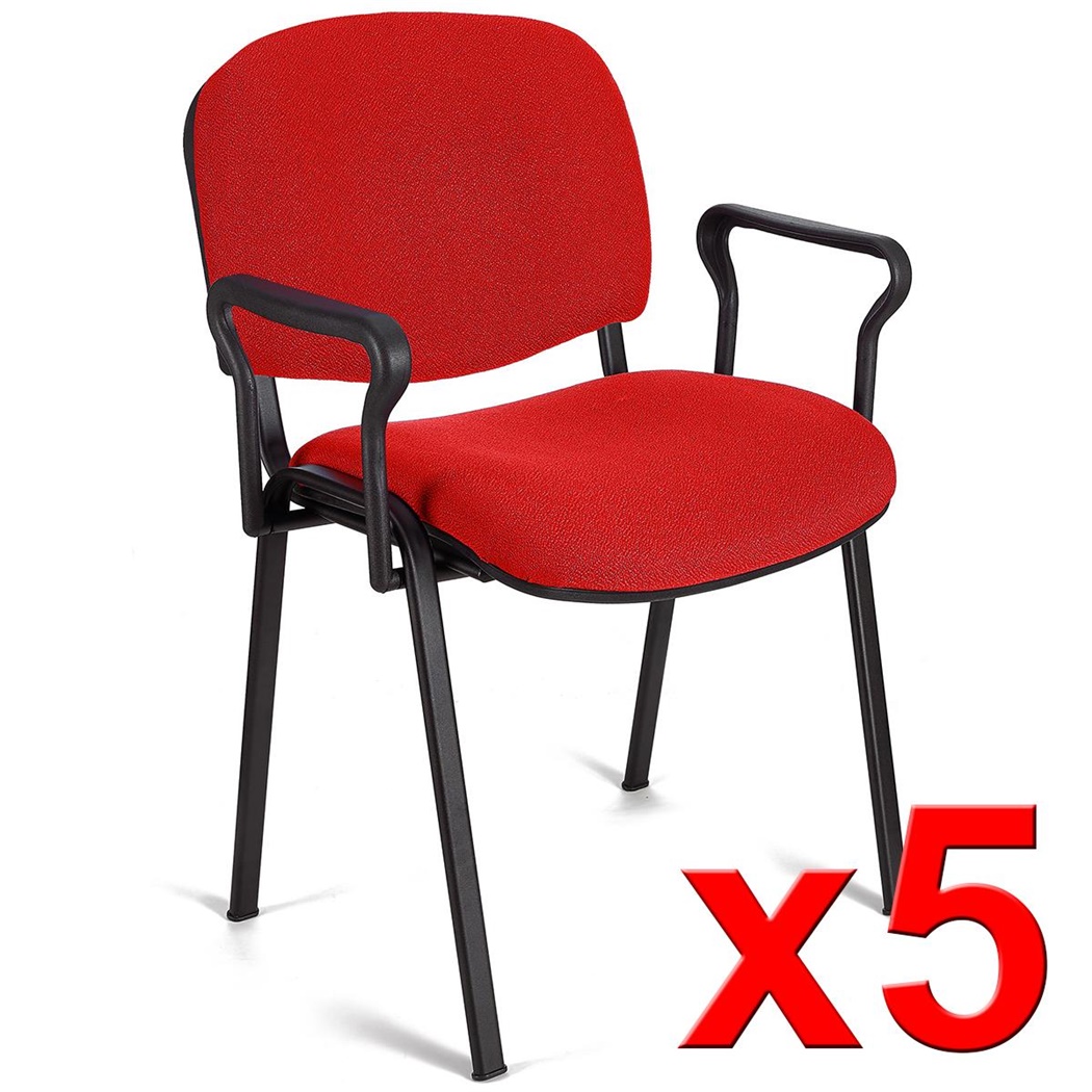 Lot de 5 Chaises visiteur MOBY BASE AVEC ACCOUDOIRS, Commode et Pratique, Piétement Noir et Tissu Rouge