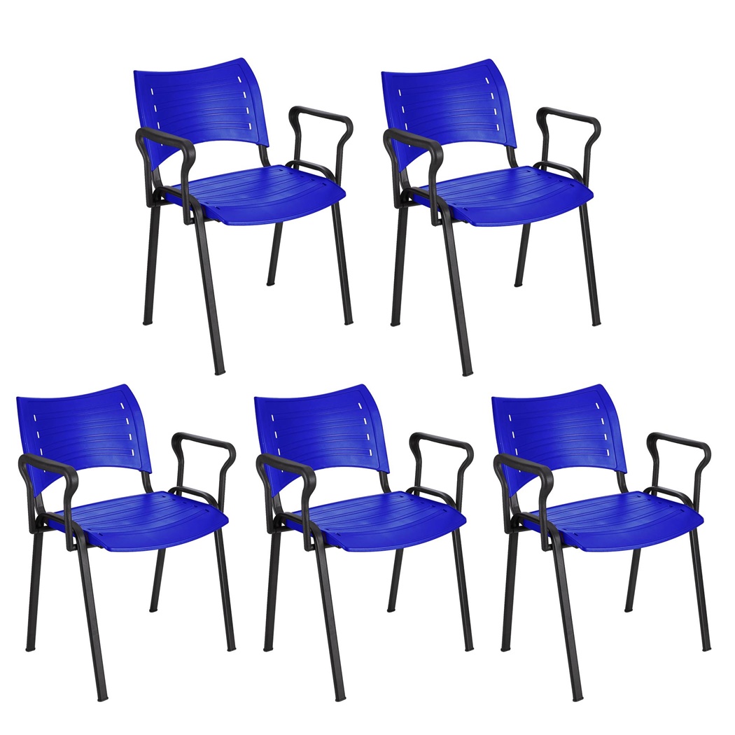 Lot de 5 Chaises visiteur ELVA AVEC ACCOUDOIRS, Empilables et Pratiques, Piétement Noir, Bleu