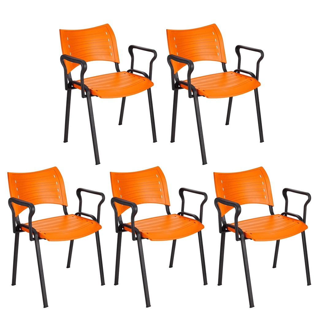 Lot de 5 Chaises visiteur ELVA AVEC ACCOUDOIRS, Empilables et Pratiques, Piétement Noir, Orange