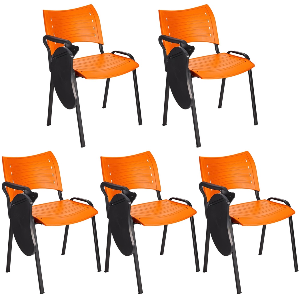 Lot de 5 Chaises visiteur ELVA AVEC TABLETTE, Empilables et Pratiques, Piétement Noir, Orange