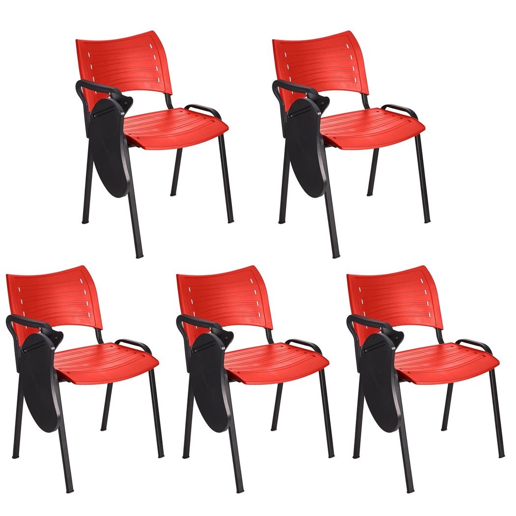 Lot de 5 Chaises visiteur ELVA AVEC TABLETTE, Empilables et Pratiques, Piétement Noir, Rouge