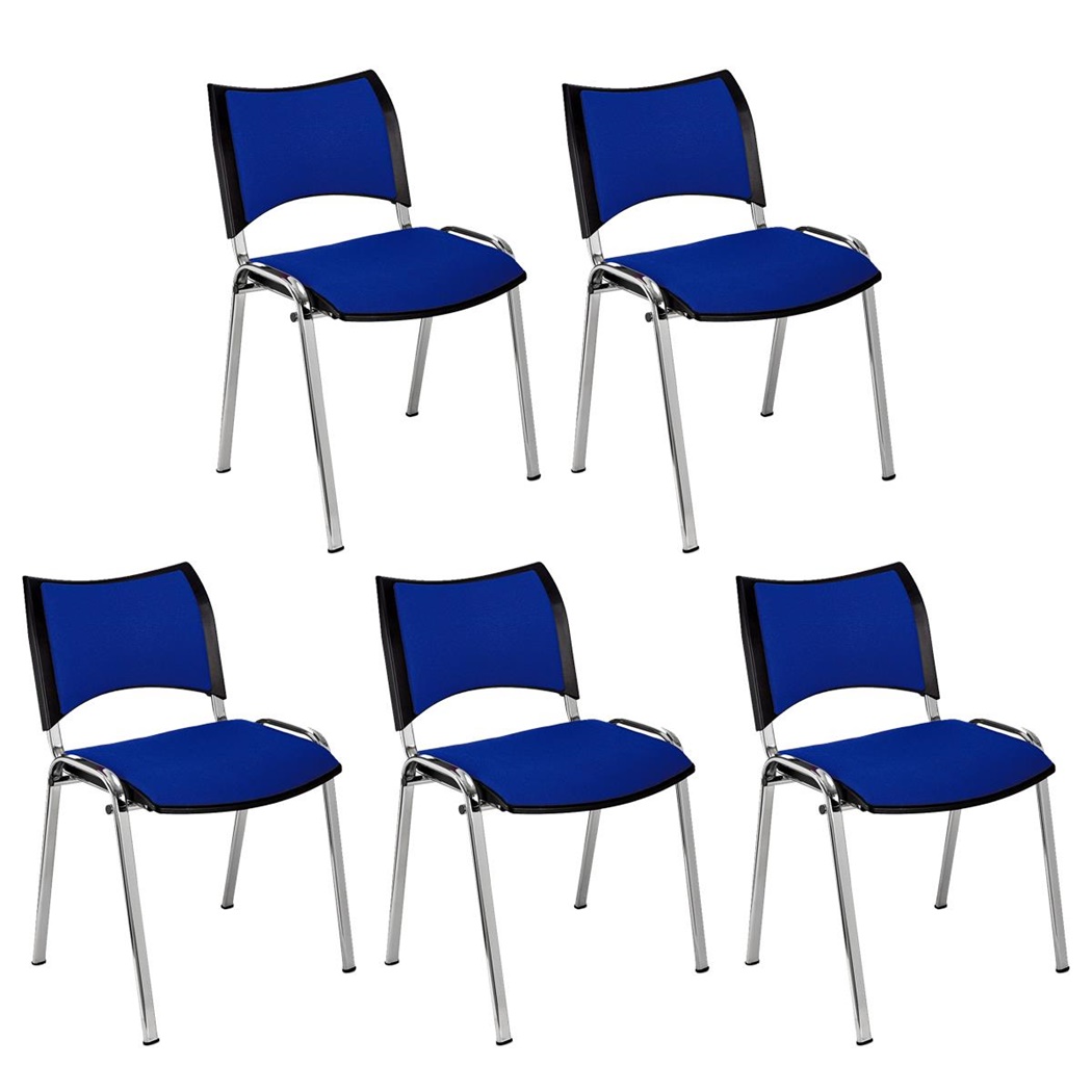 Lot de 5 Chaises conférence ROMEL, Rembourrage Commode, Empilables, Piétement Chromé, en Tissu, Bleu