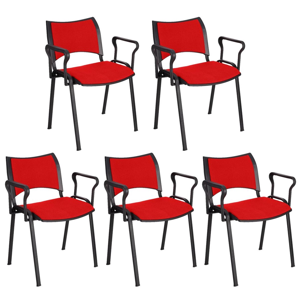 Lot de 5 chaises conférence ROMEL AVEC ACCOUDOIRS, Rembourrage Commode, Empilables, Piétement Noir, en Tissu, Rouge