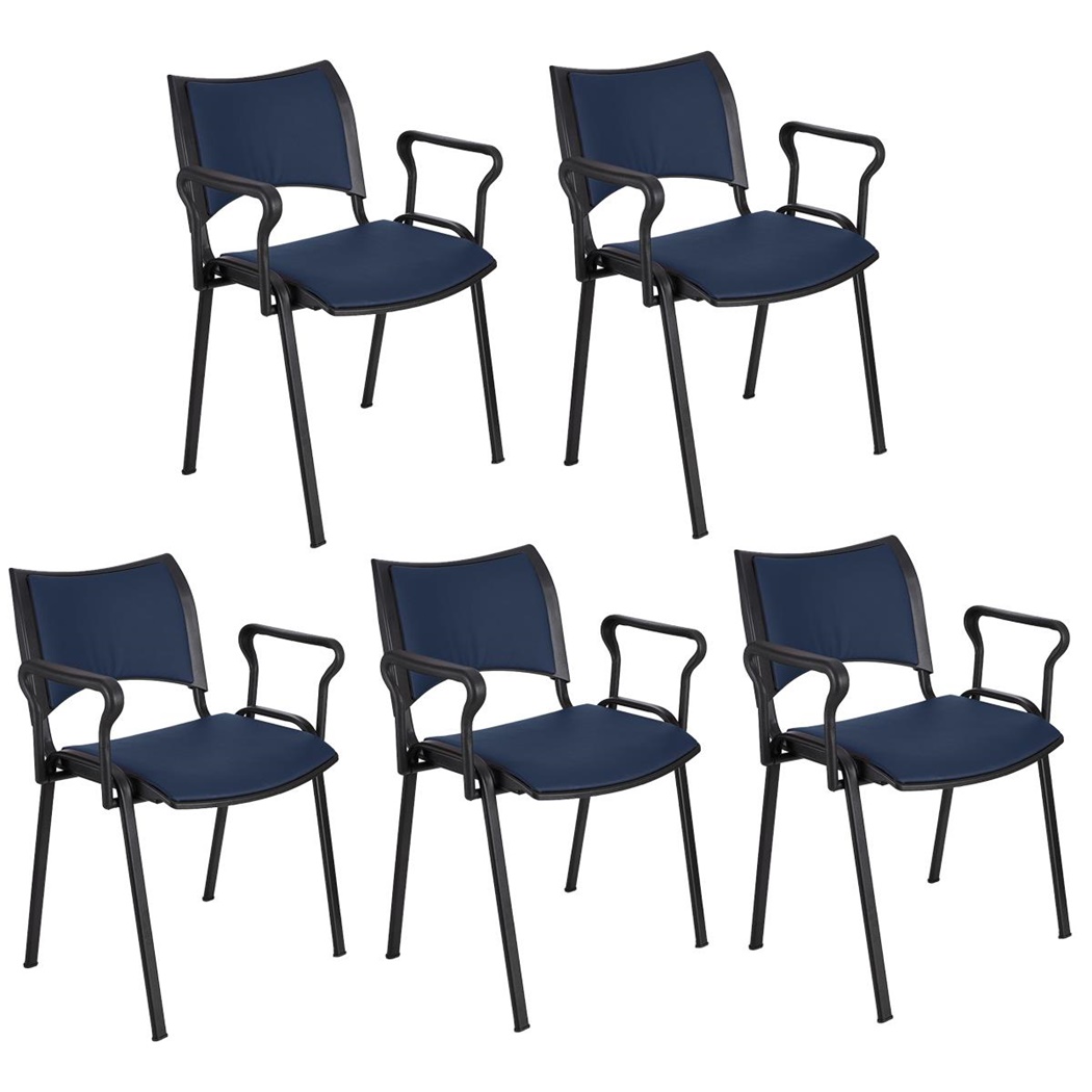 Lot de 5 Chaises conférence ROMEL AVEC ACCOUDOIRS CUIR, Rembourrage Commode, Empilables, Piétement Noir, Bleu