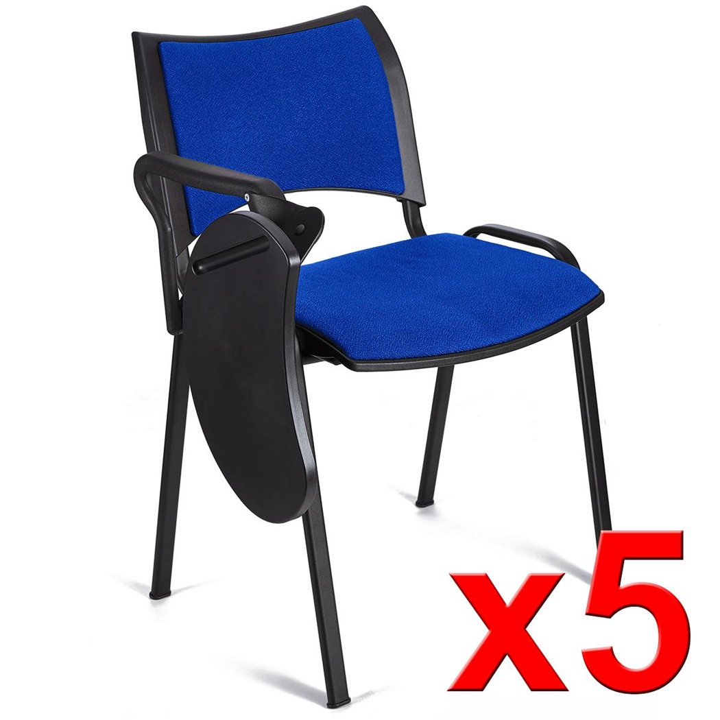 Lot de 5 Chaises conférence ROMEL AVEC TABLETTE, Rembourrage Commode, Empilables, Piétement Noir, en Tissu, Bleu