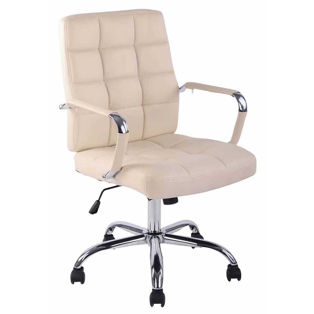 Chaise de Bureau DELAN, Grand rembourrage, Piétement Métallique, Revêtement en Cuir, Crème