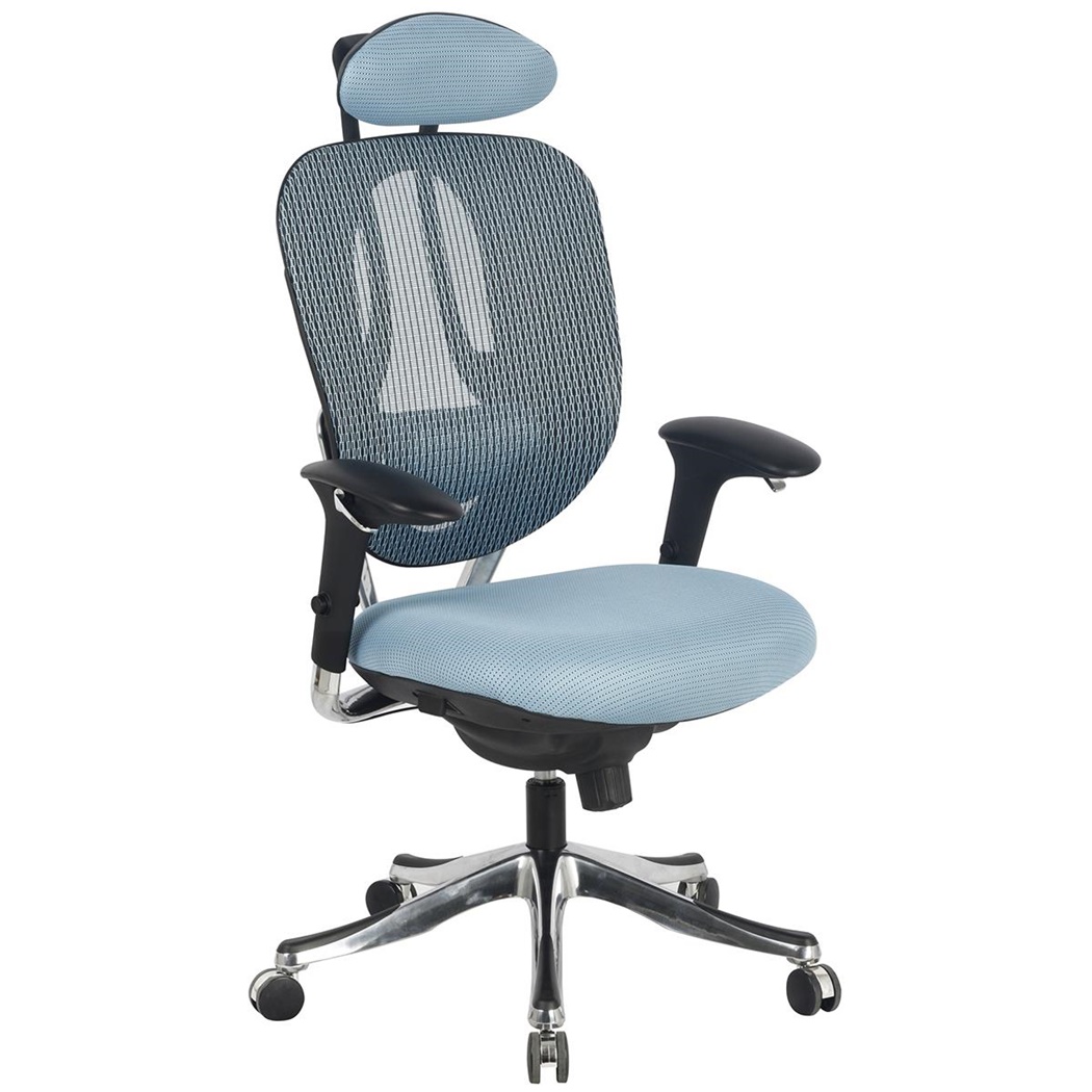 Fauteuil Ergonomique CONQUES, Totalement Ajustable, Support Lombaire, Grand Rembourrage, Maille, Bleu Ciel