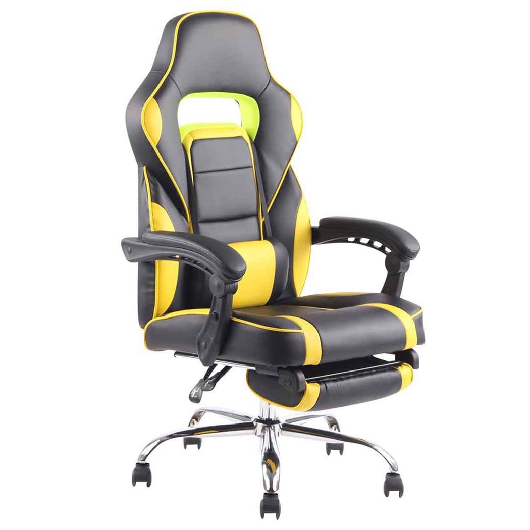 Chaise Gaming MISTER, Repose-pieds Extensible, Coussin Lombaire, en Cuir Noir et Jaune