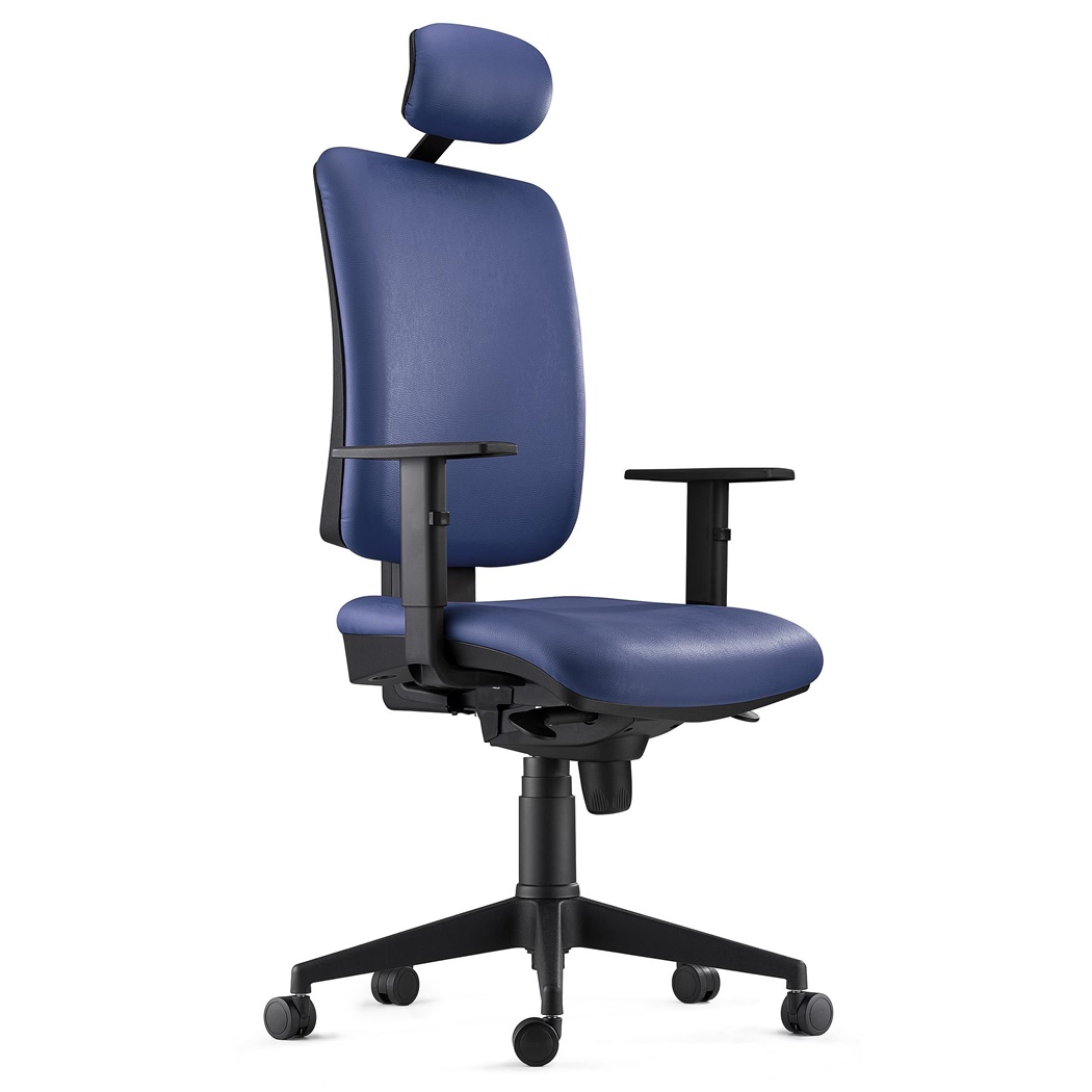 Chaise ergonomique PIERO, Appui-tête et Accoudoirs Ajustables, en Cuir Authentique Bleu