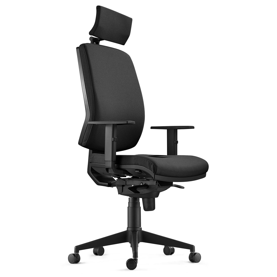 Chaise Ergonomique OLIVER, en Tissu Noir, Appui-tête, Utilisation 8 Heures, Rembourrage Epais