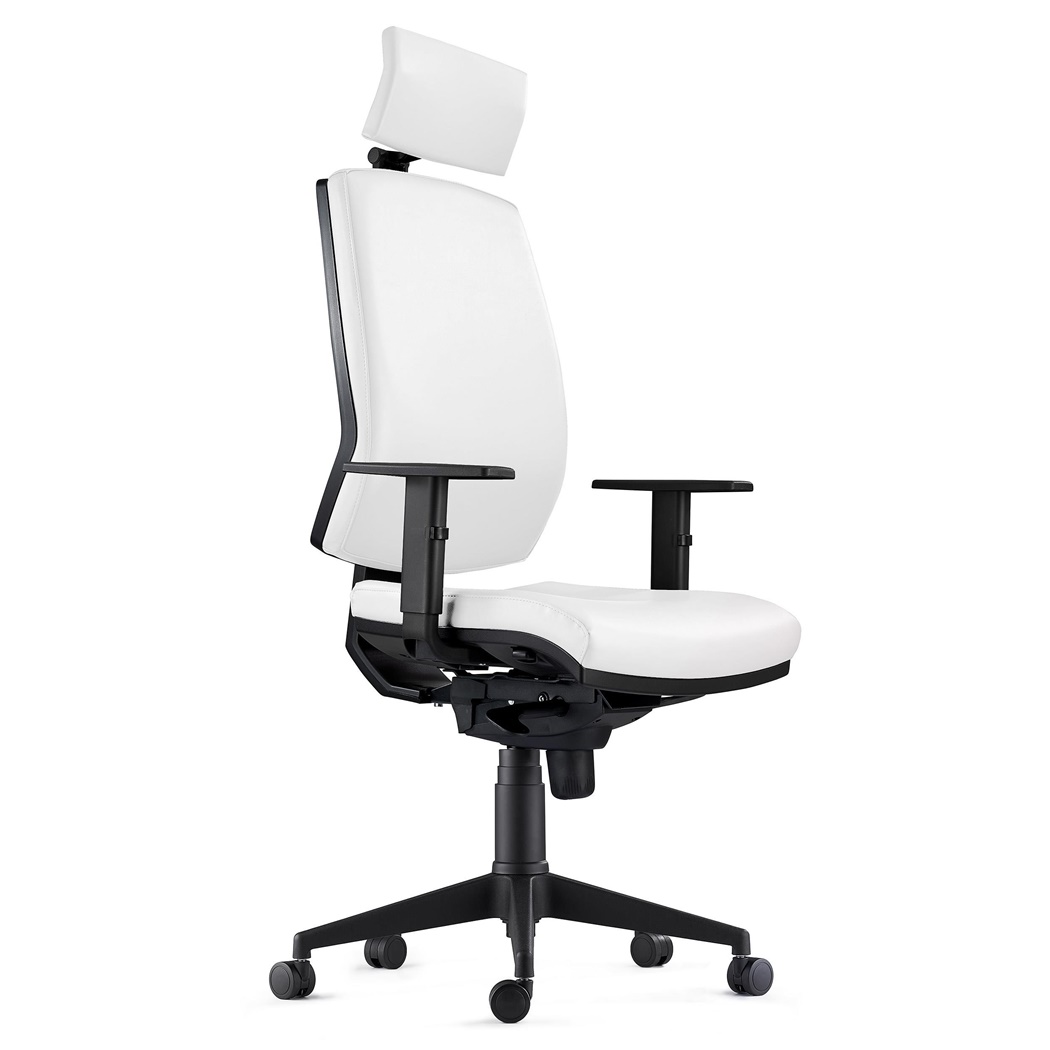 Chaise Ergonomique OLIVER, en Cuir Authentique Blanc, Appui-tête, Utilisation 8 Heures, Rembourrage Epais