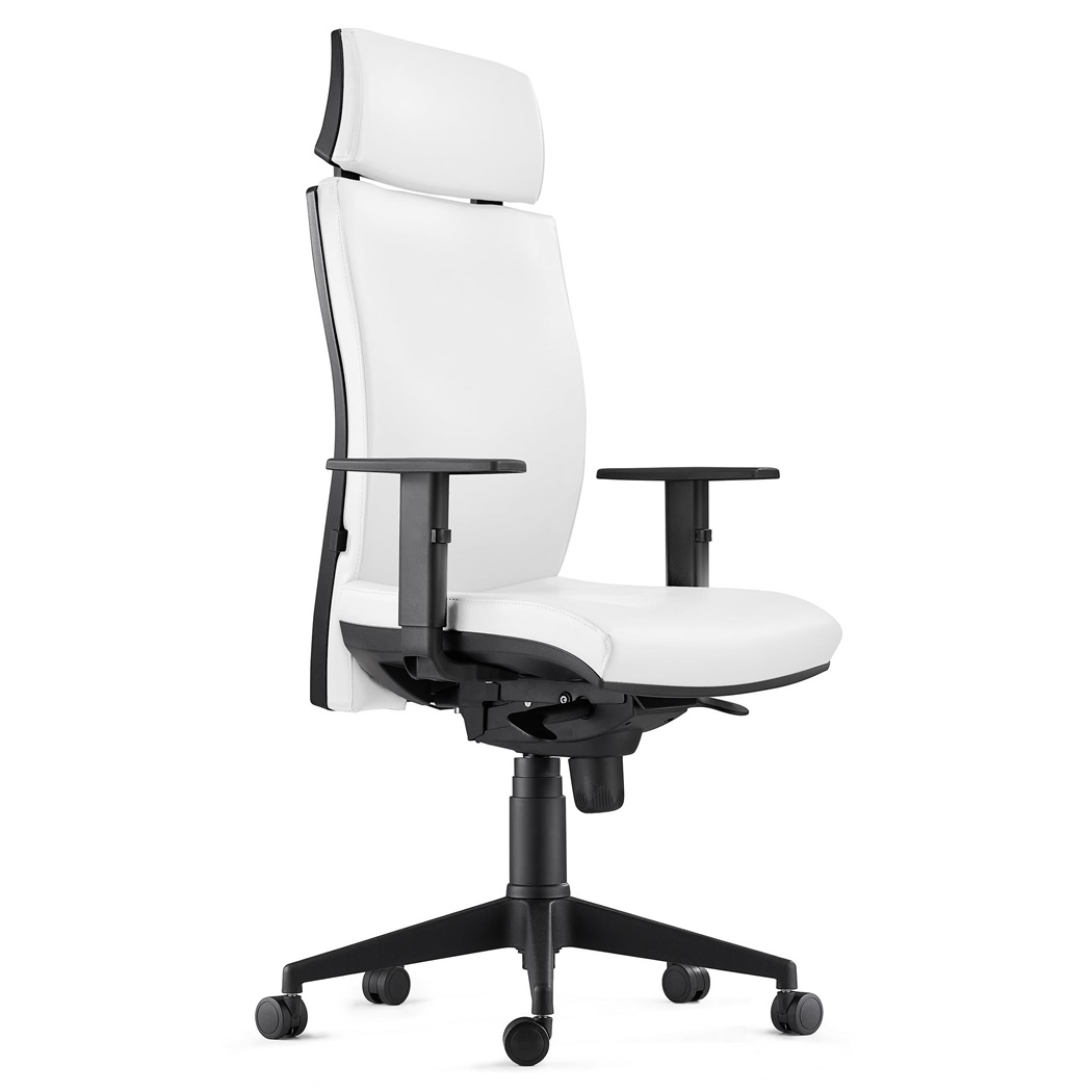 Chaise Ergonomique MARVEL, avec Appui-tête et Support Lombaire, Cuir Authentique, Blanc