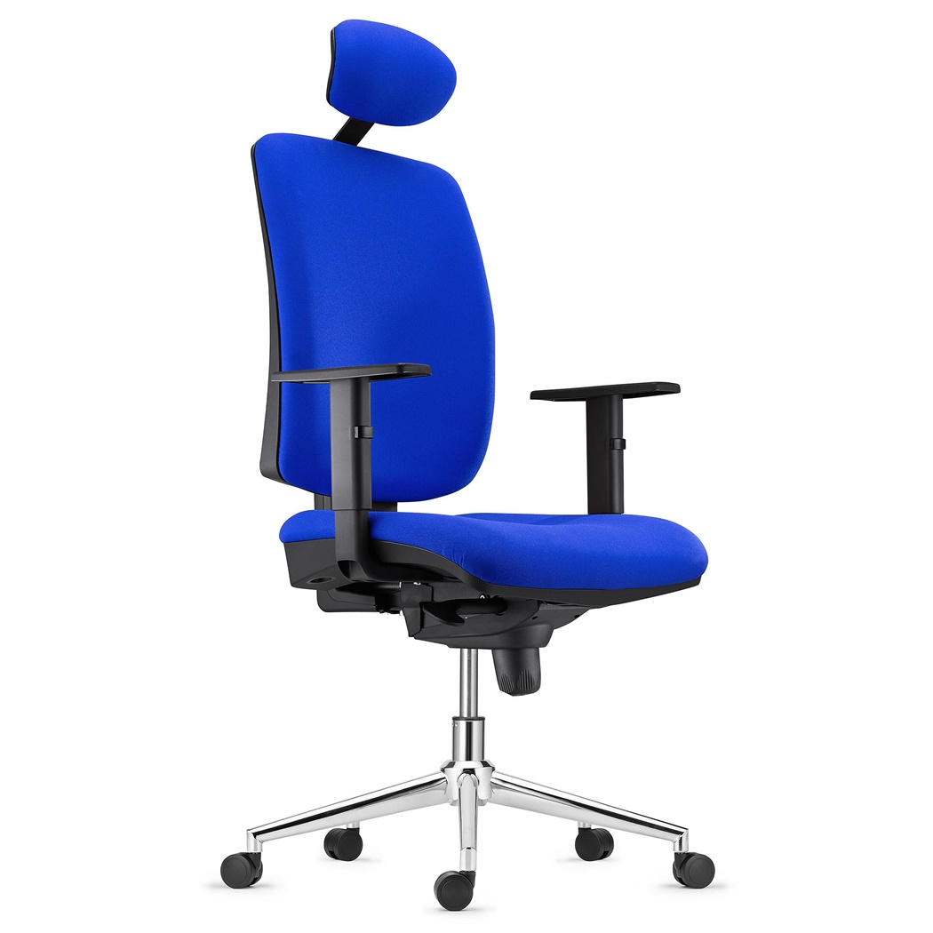 Chaise ergonomique PIERO, Piétement en Acier chromé, Appui-tête et Accoudoirs Ajustables, en Tissu Bleu