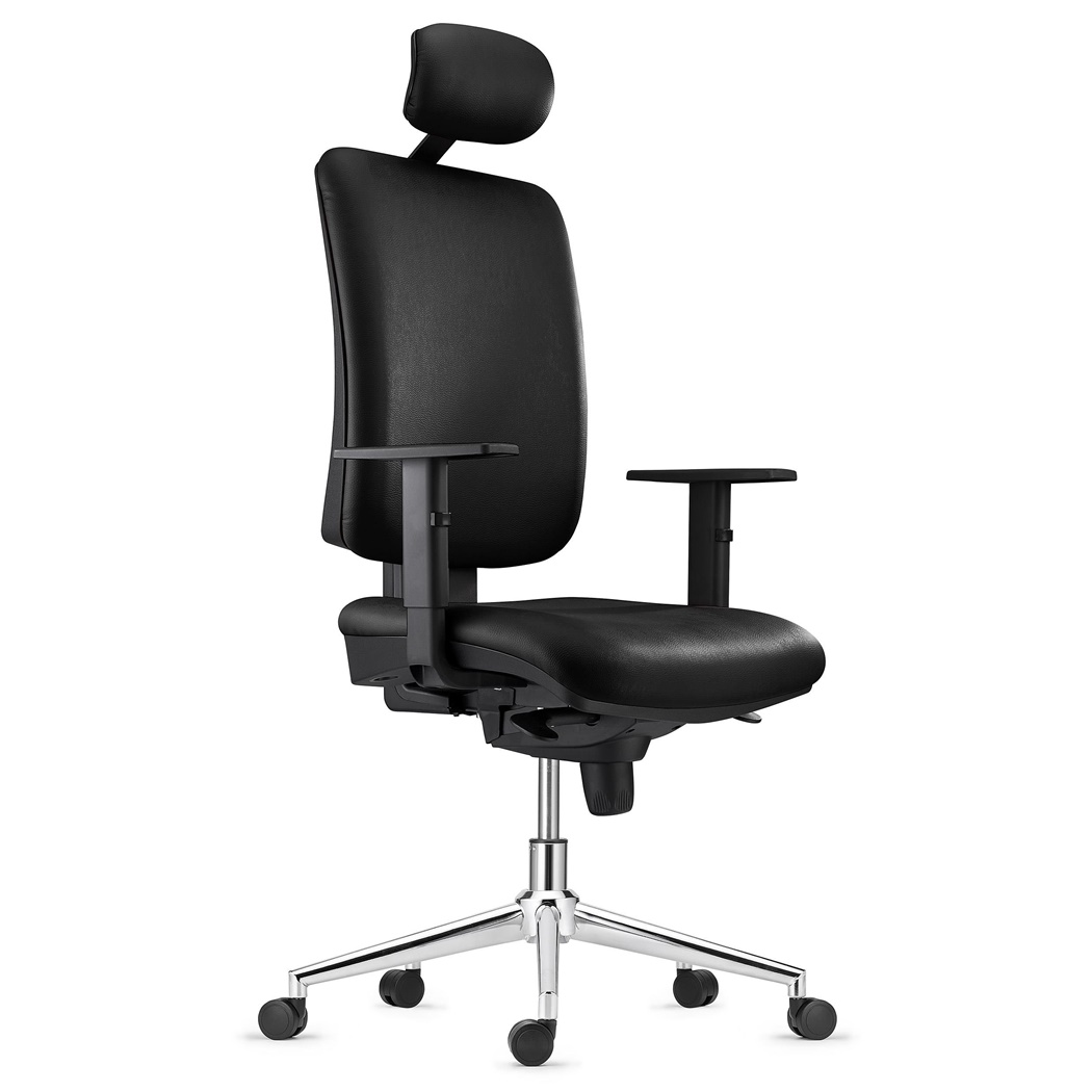 Chaise ergonomique PIERO, Piétement en Acier chromé, Appui-tête et Accoudoirs Ajustables, en Cuir Noir