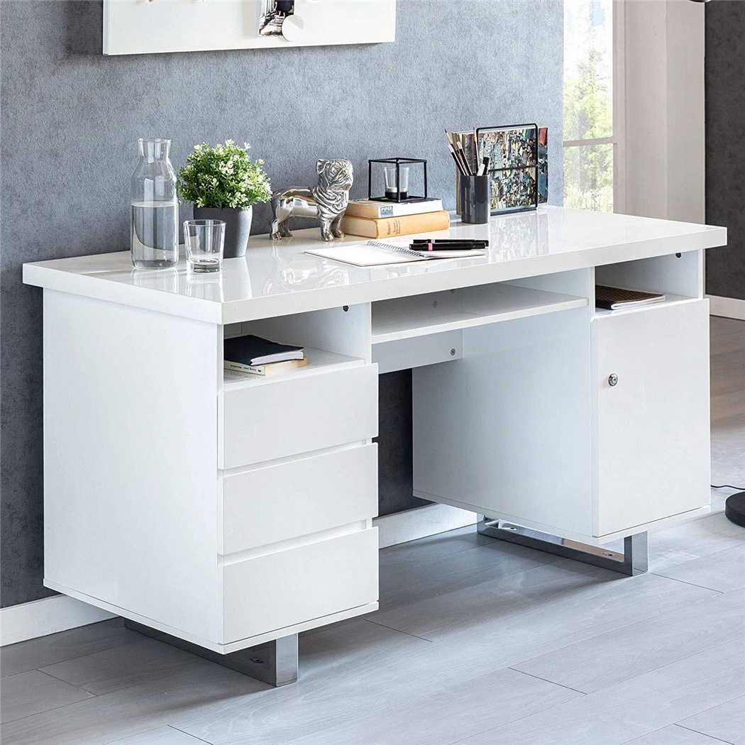 Bureau Informatique BUDHA, Design Moderne, Dimensions 140x76x60, en Bois, Blanc