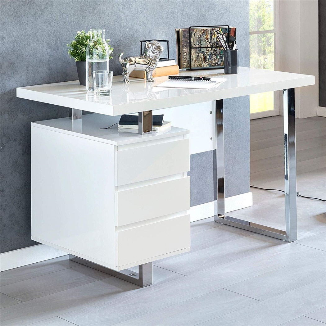 Bureau Informatique HANNAH, Dimensions 115x76x60, Design Moderne, en Bois et Métal, Blanc