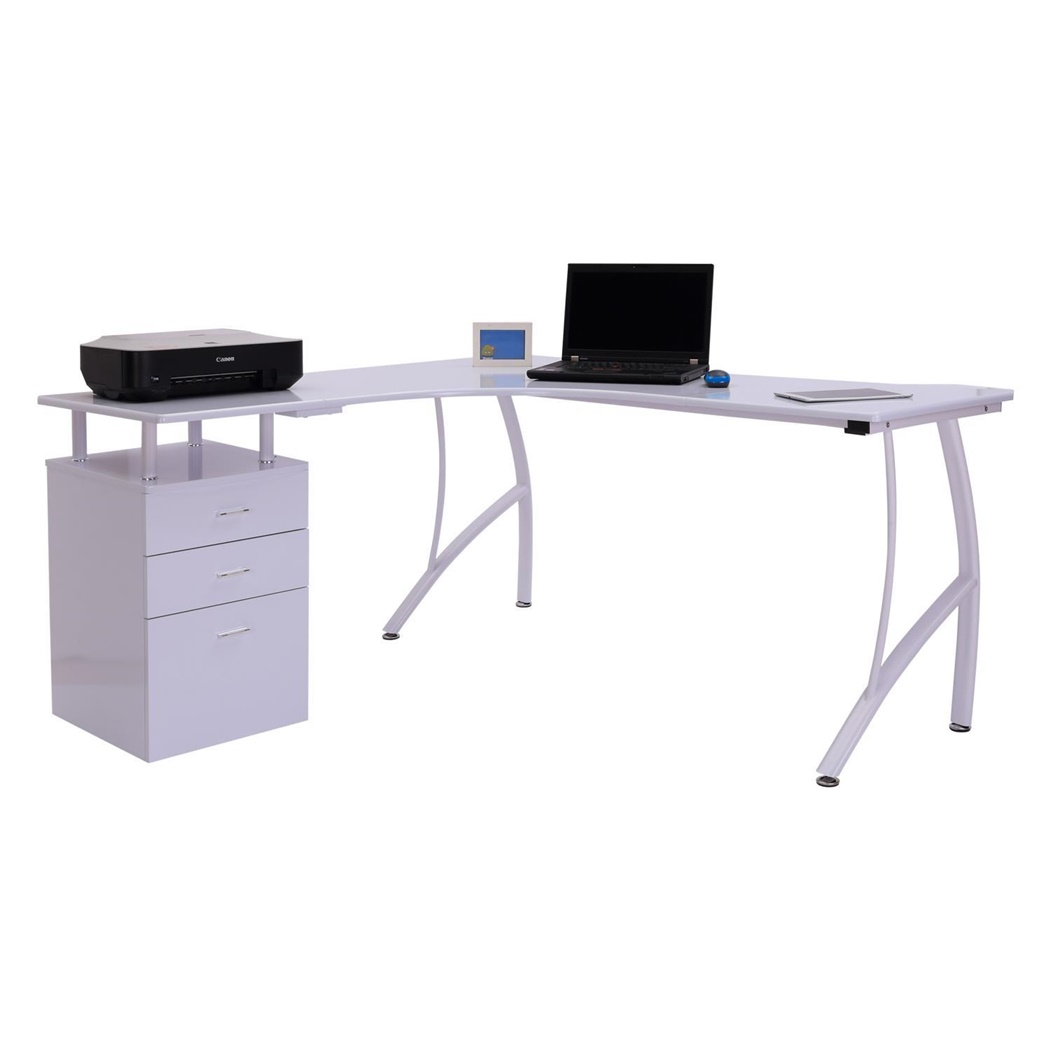 Bureau Informatique TEKAWI, 151x143x55 cm, avec Caisson de Rangement, en Bois, Blanc