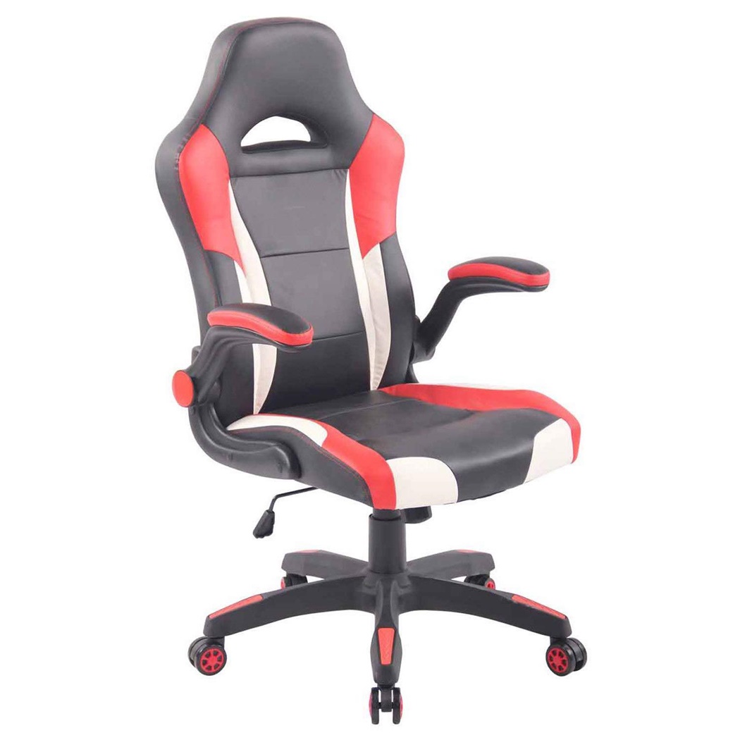 Fauteuil Gaming LEWIS, Ergonomique, Accoudoirs Rabattables, en Cuir Noir, Rouge et Blanc