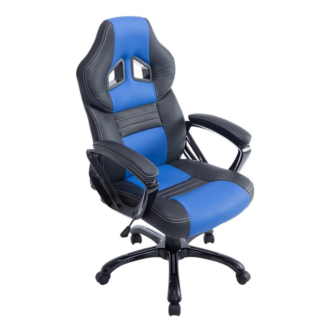 Fauteuil Gamer RICKON, Design Sportif, Grand Rembourrage, Cuir, Noir et Bleu